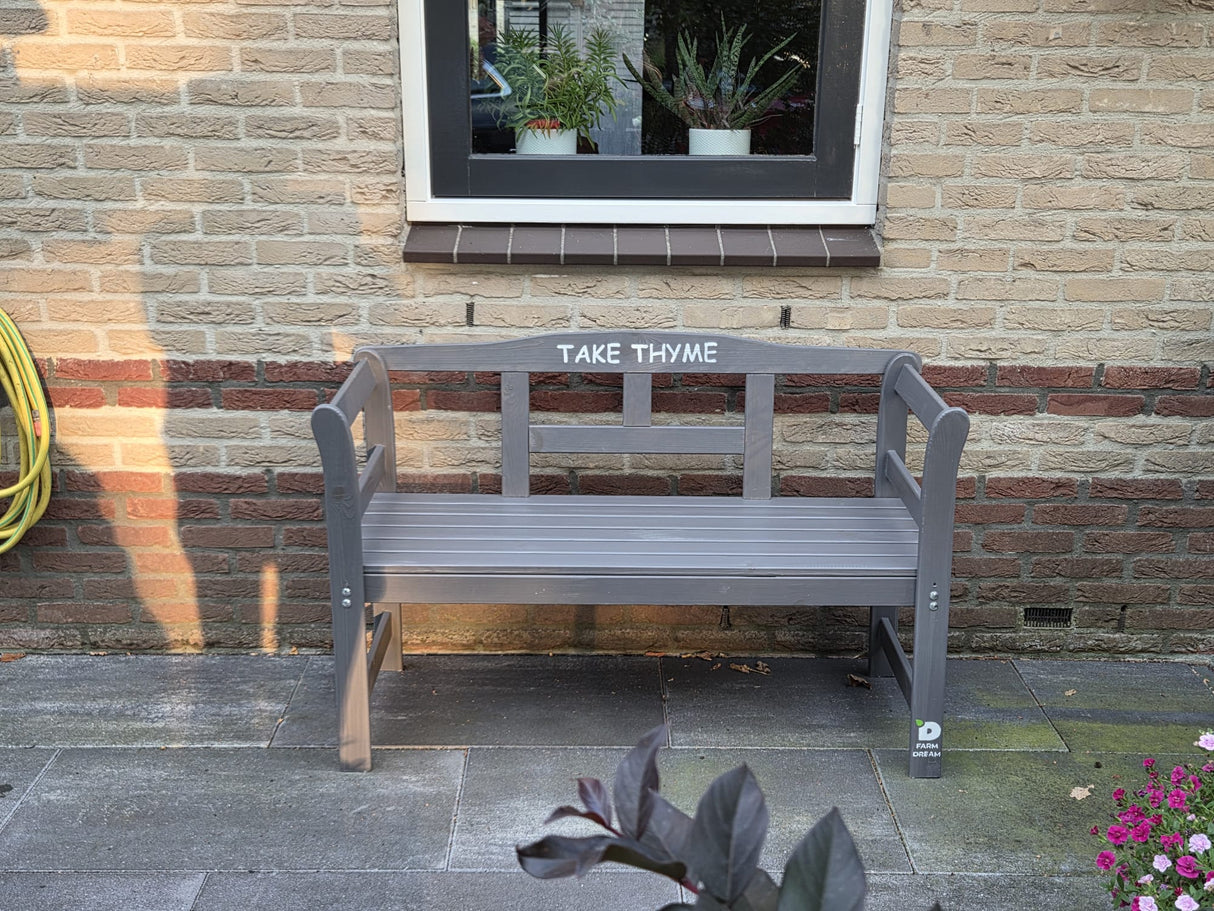 Exclusive FSC wood garden bench by The Farm Dream. Choose your favourite garden quote. 113x40x75cm, Grey, Take Thyme