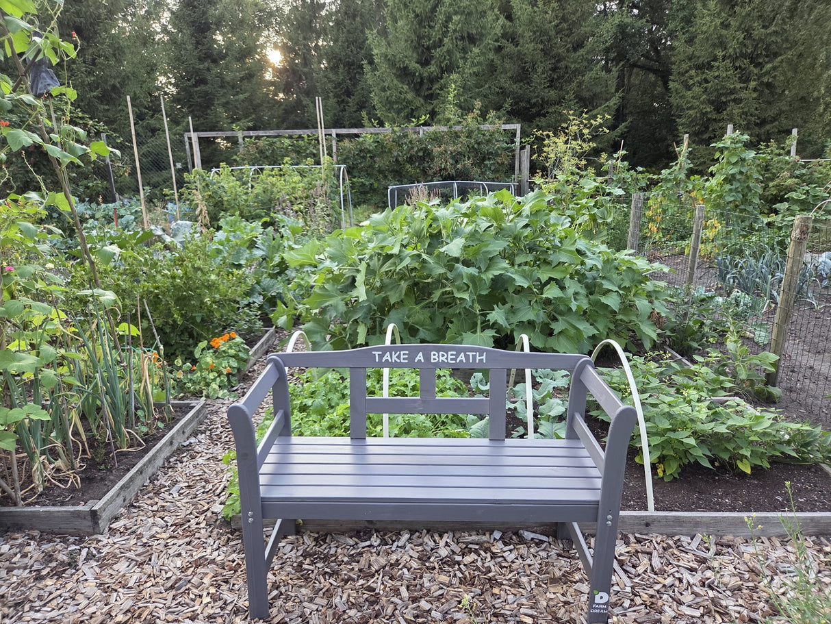 Exclusive FSC wood garden bench by The Farm Dream. Choose your favourite garden quote. 113x40x75cm, Grey, Grow, Take a Breath