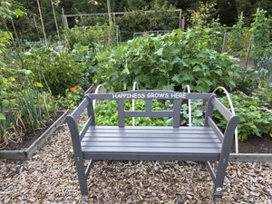Exclusive FSC wood garden bench by The Farm Dream. Choose your favourite garden quote. 113x40x75cm, Grey, Happiness Grows Here.