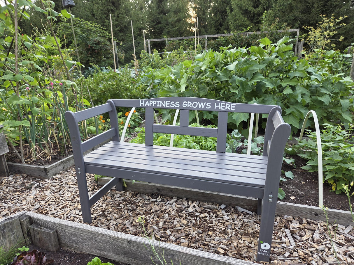Exclusive FSC wood garden bench by The Farm Dream. Choose your favourite garden quote. 113x40x75cm, Grey, Happiness Grows Here