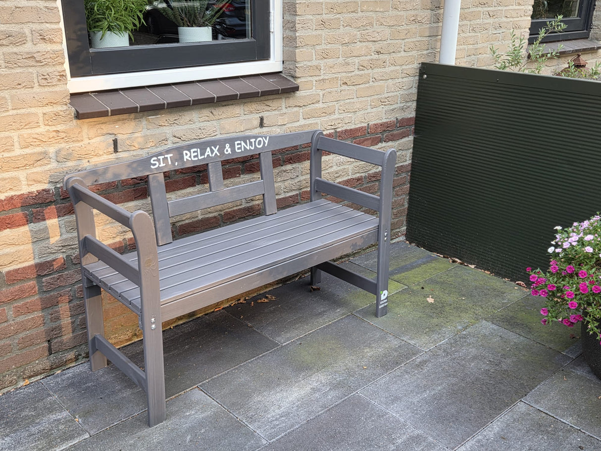 Exclusive FSC wood garden bench by The Farm Dream. Choose your favourite garden quote. 113x40x75cm, Grey, Sit, Relax and Enjoy.