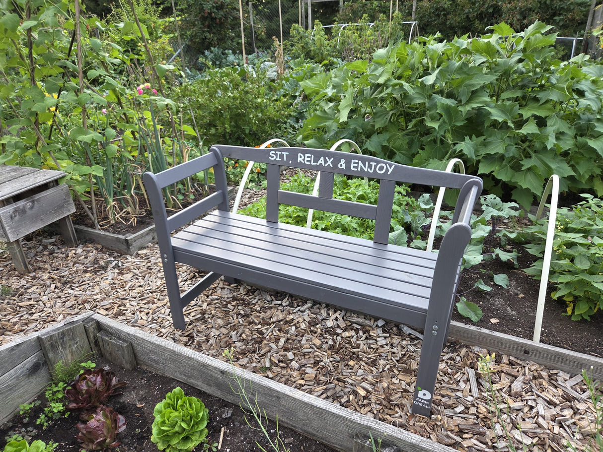 Exclusive FSC wood garden bench by The Farm Dream. Choose your favourite garden quote. 113x40x75cm, Grey, Grow, Sit, Relax and Enjoy.