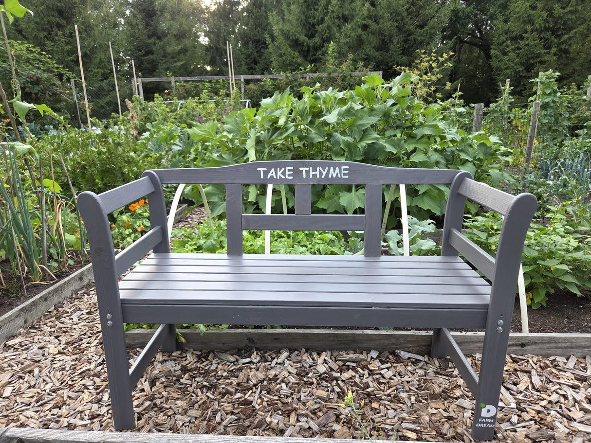 Exclusive FSC wood garden bench by The Farm Dream. Choose your favourite garden quote. 113x40x75cm, Grey, Take Thyme