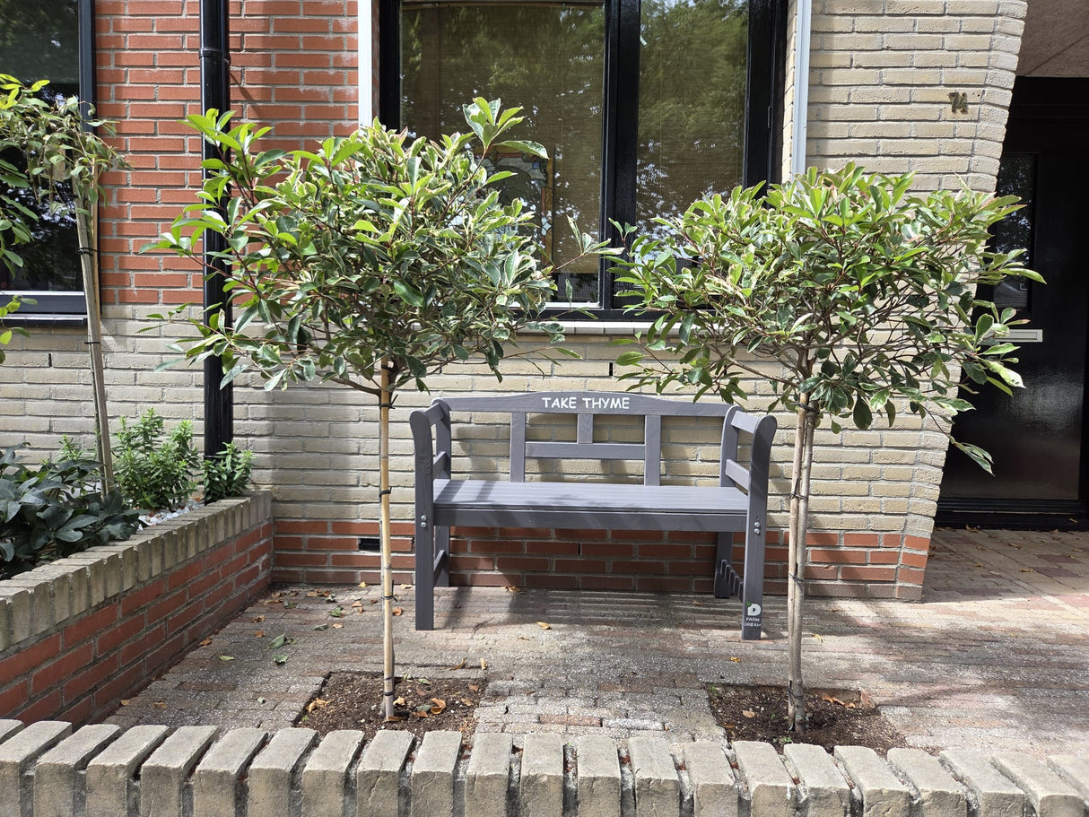 Exclusive FSC wood garden bench by The Farm Dream. Choose your favourite garden quote. 113x40x75cm, Grey, Grow, Take Thyme