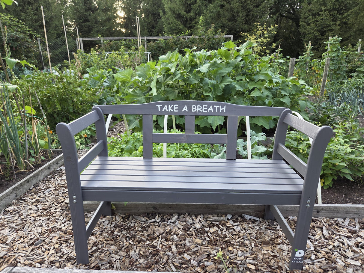 Exclusive FSC wood garden bench grey by The Farm Dream. Choose your favourite garden quote. 113x40x75cm, Take a Breath 
