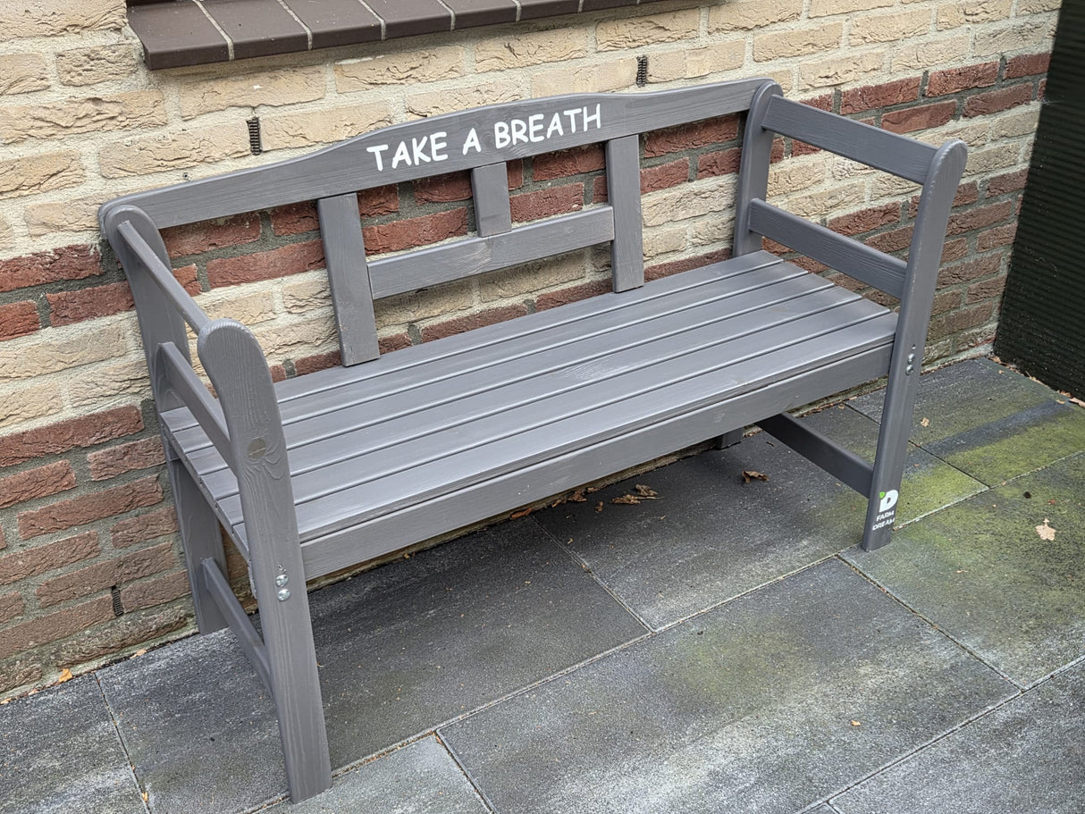 Exclusive FSC wood garden bench by The Farm Dream. Choose your favourite garden quote. 113x40x75cm, Grey, Take a Breath