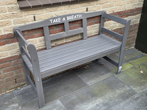 Exclusive FSC wood garden bench by The Farm Dream. Choose your favourite garden quote. 113x40x75cm, Grey, Take a Breath