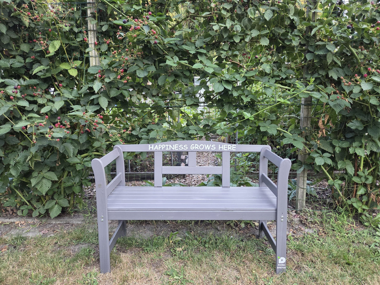 Exclusive FSC wood garden bench by The Farm Dream. Choose your favourite garden quote. 113x40x75cm, Grey, Happiness Grows Here