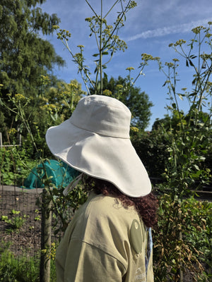 Stay cool while tending your garden with this elegant linen wide brim sun hat. Made from breathable linen, with a full face and neck coverage, perfect for sunny days among your veggies and flowers, or simply enjoying your garden. The adjustable chin strap keeps it secure on breezy afternoons, making it your ideal companion for every garden adventure." Available in beige and camel